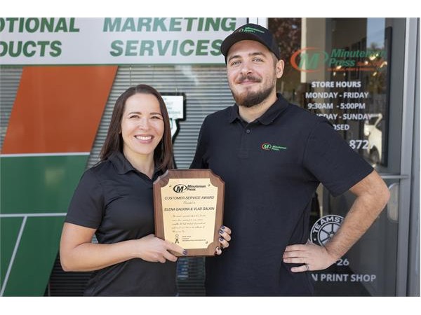 {Minuteman Press Franchise Review: Mother-Son Team Elena Galkina & Vlad Galkin Celebrate 3 Years & Win Top Customer Service Award}