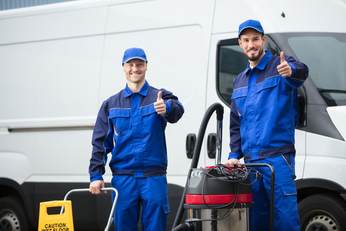 Two male cleaners showing a thumbs up and smiling